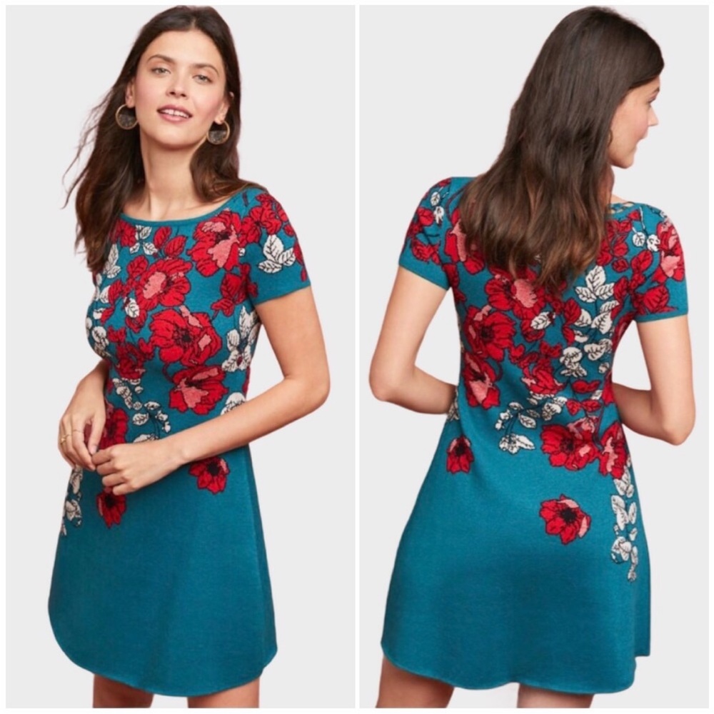 MAEVE Teal Floral Knit A-Line Dress with Red Accents